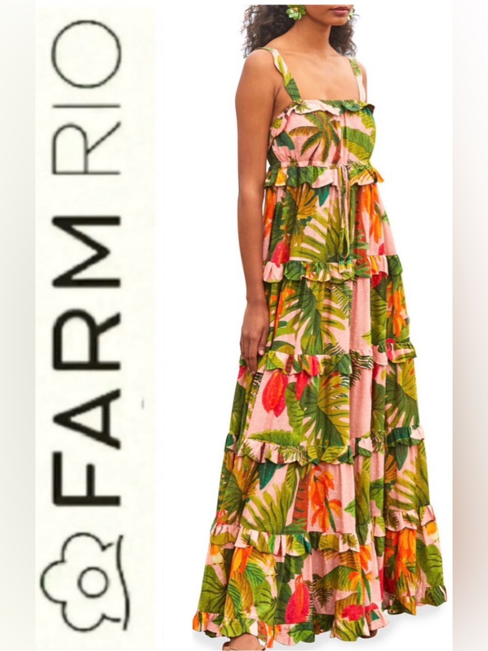 Farm Rio Pink Cocoa Forest Tiered Maxi Dress- size S